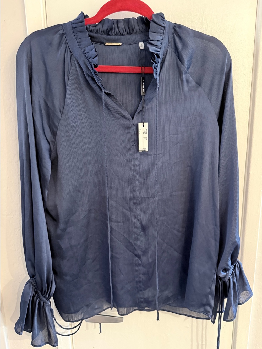 Elie Tahari Navy Ruffle-Neck Long-Sleeve Blouse in size S